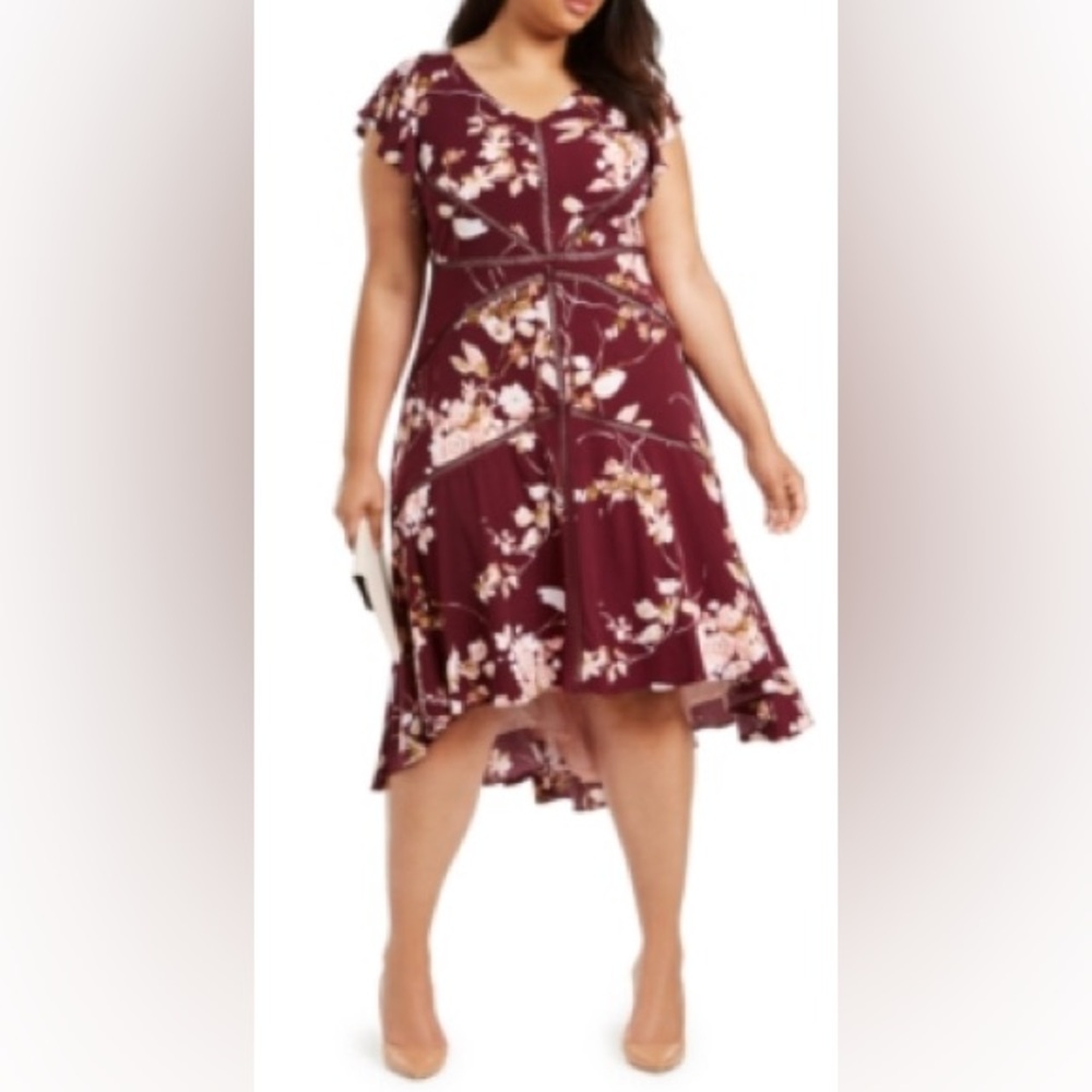 Taylor Woman Maroon & Pink Floral Sheath Dress Flutter Cap Sleeves Hi Low V-Neck